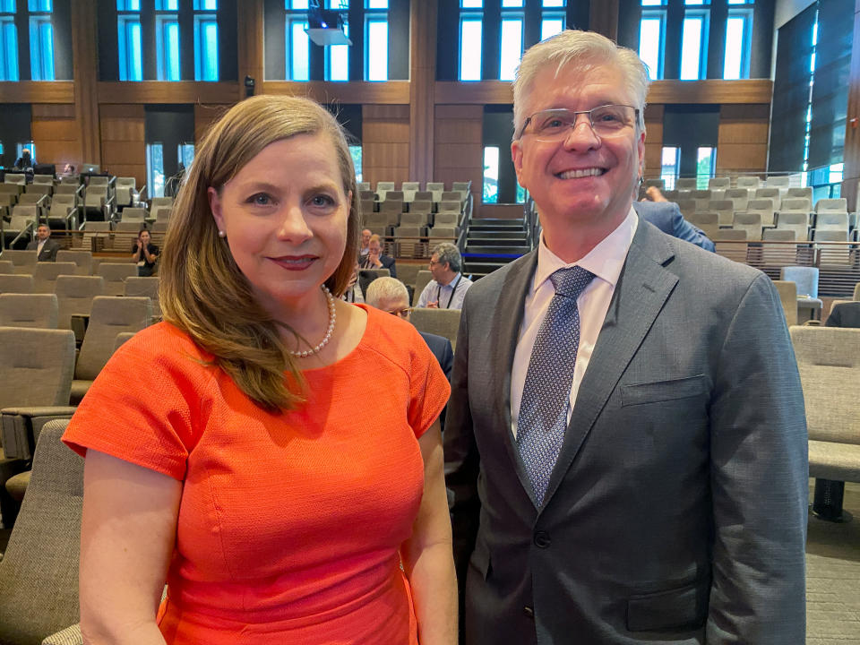 Federal Reserve governors Michelle Bowman and Christopher Waller pose for a photo, during a break at a conference on monetary policy at Stanford University's Hoover Institution, in Palo Alto, California, U.S. May 6, 2022. Picture taken May 6, 2022. REUTERS/Ann Saphir