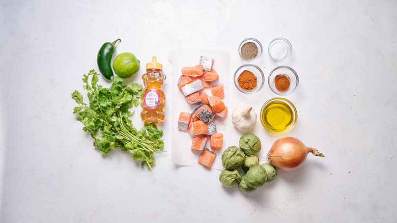 salmon skewer ingredients on a table