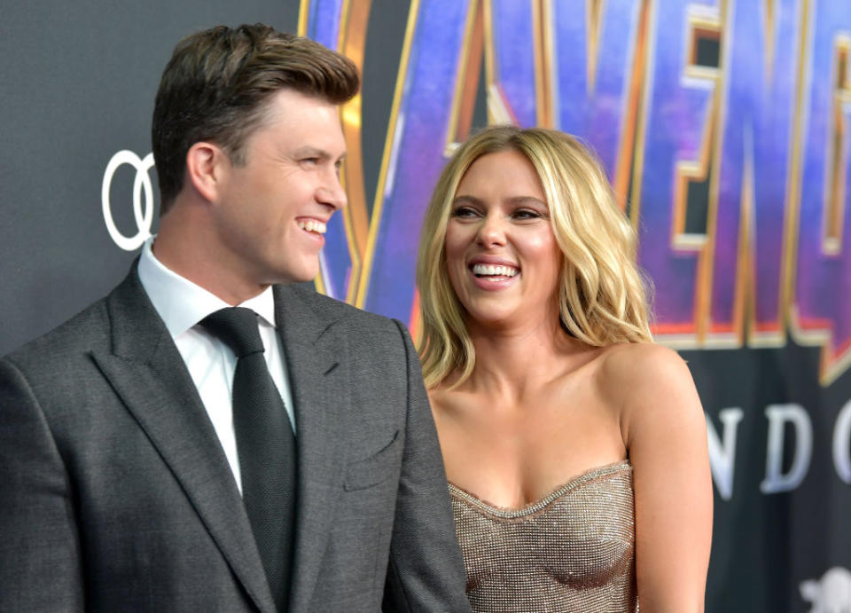 Scarlett Johansson also expanded her family this year, welcoming son Cosmo, who she shares with her husband Colin Jost, into the world in August. Pictured in April 2019. (Getty Images)