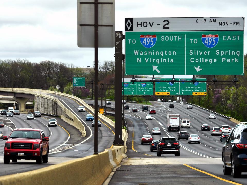 Traffic flows along interchanges that link I-495 and I-270 in Maryland.