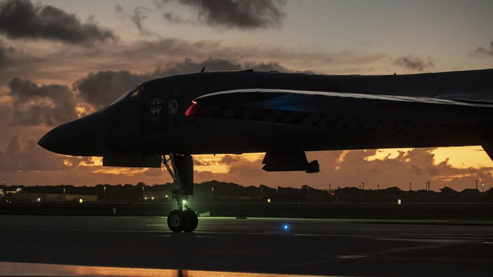 a us air force b 1b lancer attached to the 34th expeditionary bomb squadron, ellsworth air force base, south dakota, prepares to park as the sun sets at anderson air force base, guam, june 8, 2022 bomber task force missions strengthen the collective ability of the us and our allies and partners to maintain a free and open indo pacific us air force photo by tech sgt chris hibben