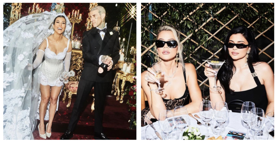 (L to R) Kourtney Kardashian and Travis Barker; Khloe Kardashian and Kylie Jenner. PHOTO: Dolce &amp; Gabbana)