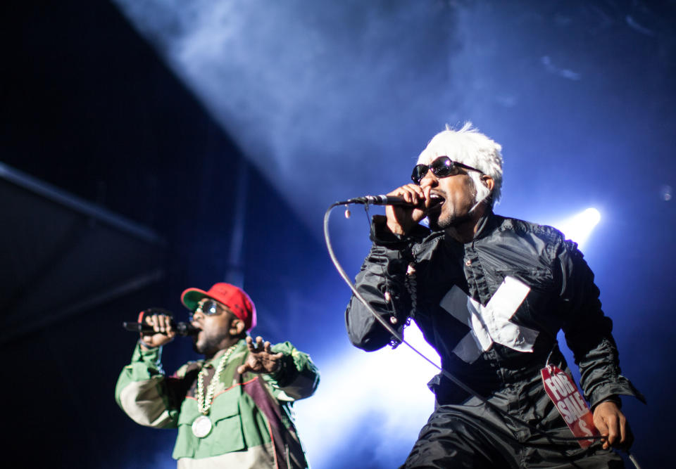 Big Boi, left, and Andre 3000 of Outkast perform at Counterpoint 2014 Sunday, April 27, 2014, in Rome, Ga. (AP Photo/Branden Camp)