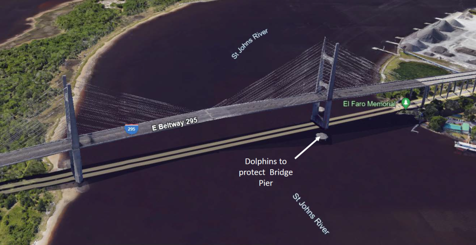 An overhead view of the Dames Point bridge shows the concrete structures called "dolphins" that are next to the bridge's pier in the St. Johns River. The dolphins would absorb the impact of a ship sailing off course before the ship hits the pier.