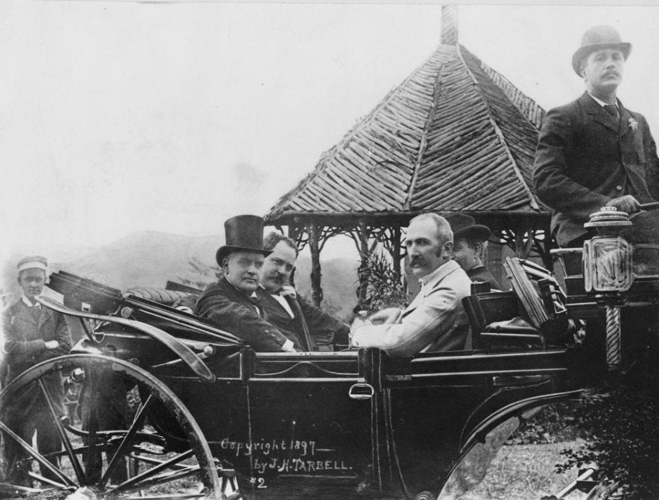 President William McKinley rides in an automobile in 1896.