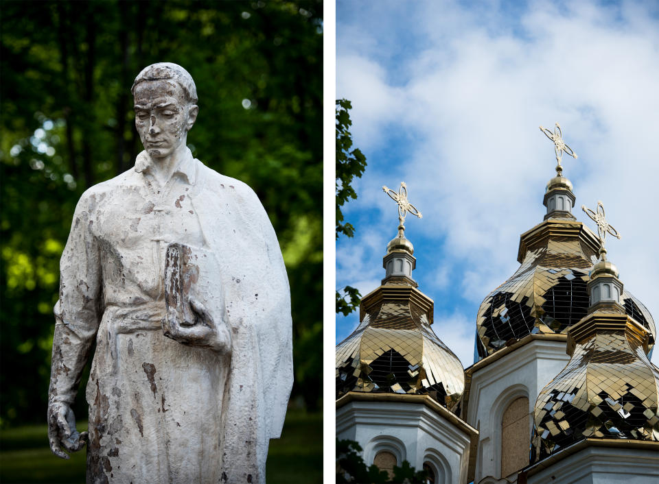 A statue of Ukrainian philosopher Hryhorii Skovoroda is seen at the Hryhorii Skovoroda Literary Memorial Museum on May 19, 2022 in Skovorodynivka, Ukraine. Damaged domes atop the Church of the Holy Myrrh-Bearing Women on May 18, 2022 in Kharkiv. (Pete Kiehart for NBC News)