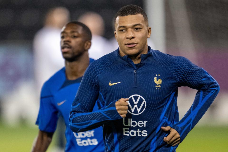 DOHA, QATAR - DECEMBER 16: Kylian Mbappe of France during the Training Session at  on December 16, 2022 in Doha, Qatar. (Photo by Sebastian Frej/MB Media/Getty Images)