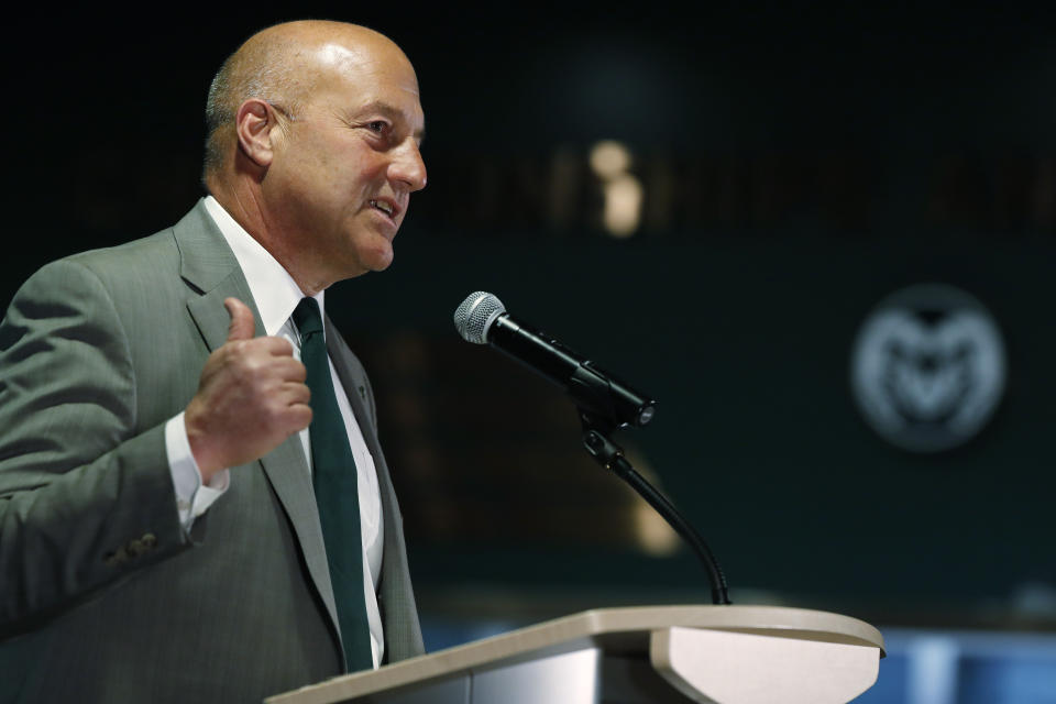 Steve Addazio makes a point during an announcement that he has been hired as the new head football coach at Colorado State University at a news conference at the school Thursday, Dec. 12, 2019, in Fort Collins, Colo. (AP Photo/David Zalubowski)