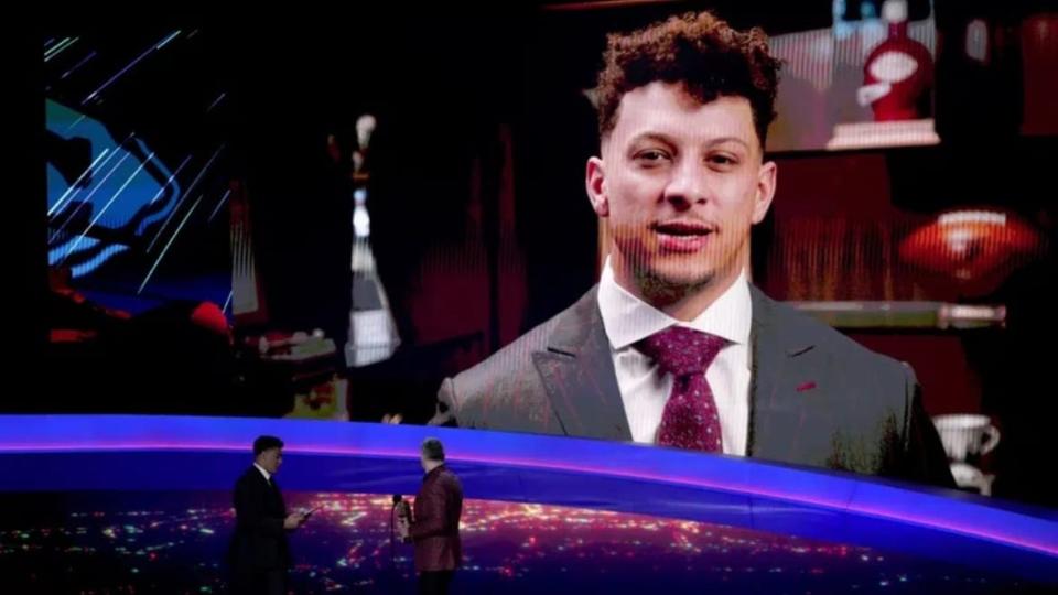 AP Most Valuable Player Kansas City Chiefs’ Patrick Mahomes accepts his award, in a recorded message, during the NFL Honors award show ahead of the Super Bowl 57 football game in Phoenix. (Photo: David J. Phillip/AP)