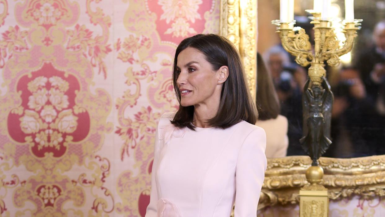 Queen Letizia Is a Vision in a Flared Blush Dress Subtly Covered In Petals