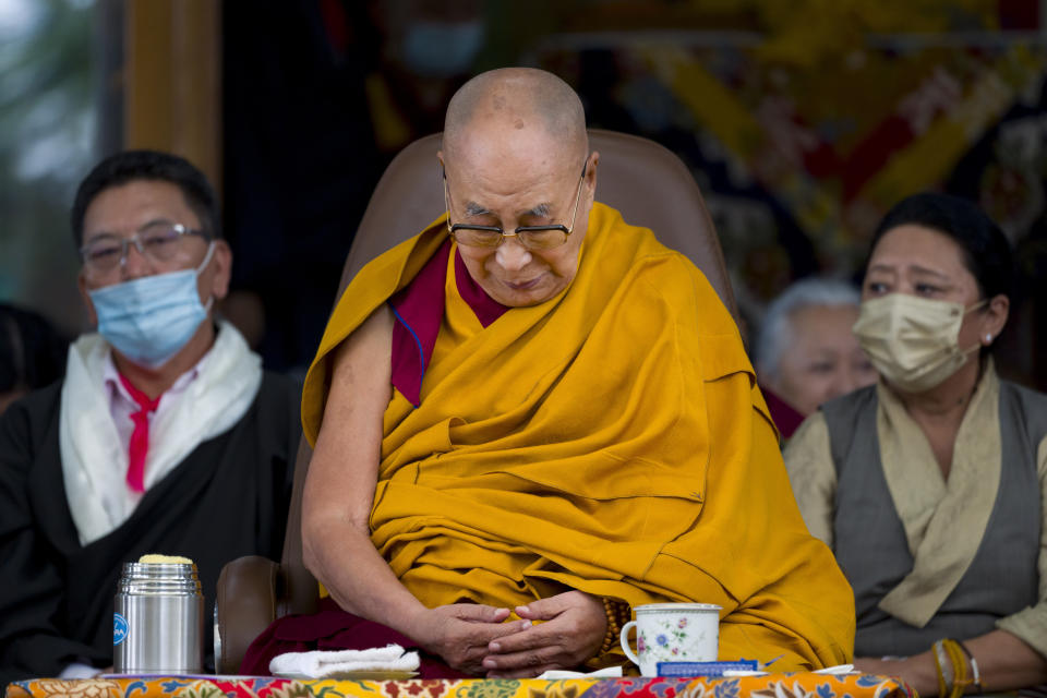 Tibetan spiritual leader the Dalai Lama meditates as he presides over a function marking his 88th birthday at the Tsuglakhang temple in Dharamshala, India, Thursday, July 6, 2023. (AP Photo/Ashwini Bhatia)