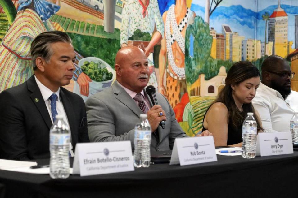 Fresno Mayor Jerry Dyer (center) speakes during the anti-hate roundtable discussion hosted by California Attorney General Rob Bonta on Tuesday, Sept. 12 in Fresno.