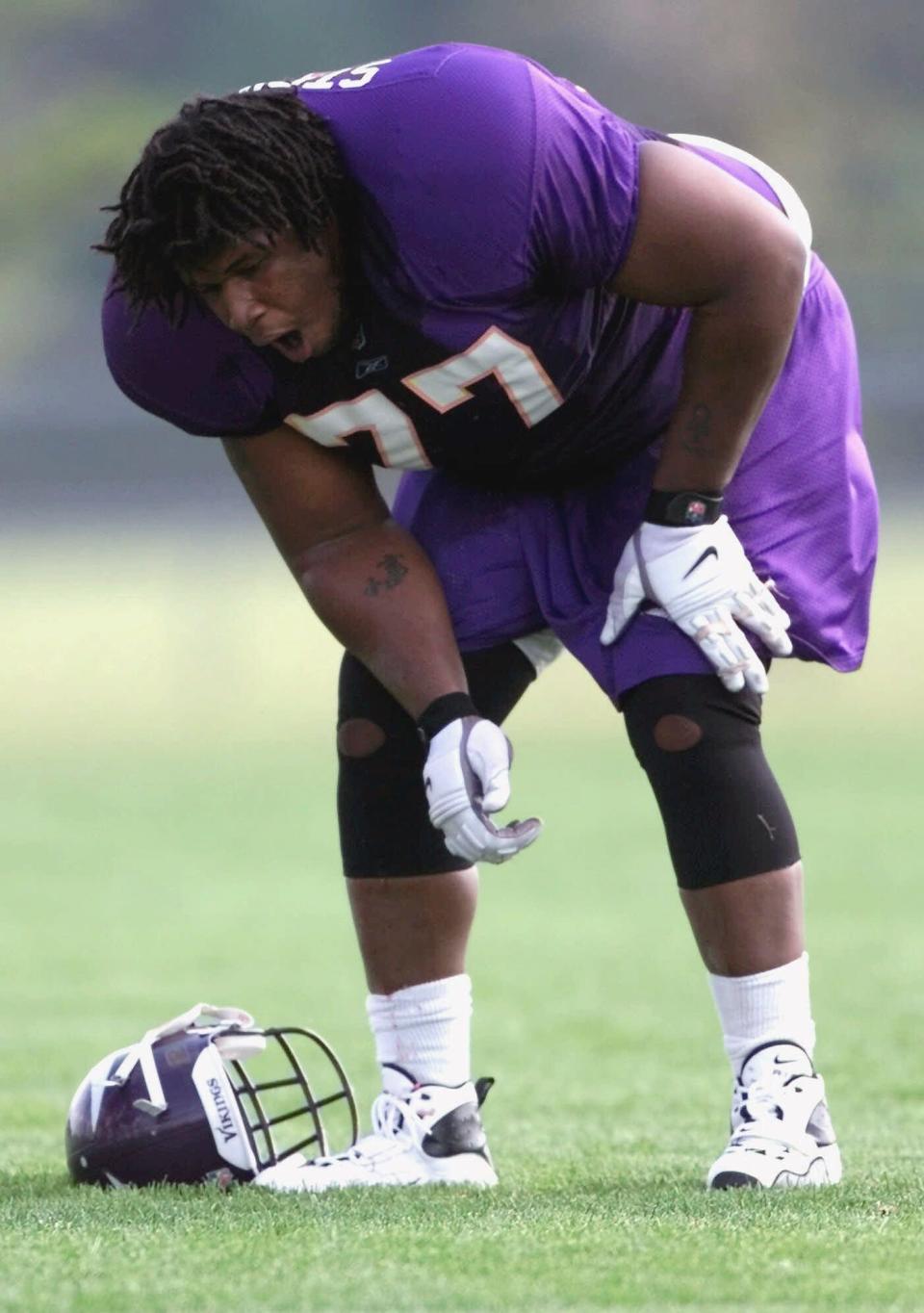 July 20, 2001 -- Minnesota Vikings Korey Stringer, 27, takes a breather during the afternoon practice on the first day of training camp in Mankato, Minn.  The Pro Bowl tackle died Aug. 1, 2001, of heat stroke, a day after collapsing at training camp on the hottest day of the year.