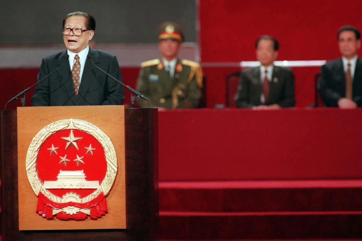 Then Chinese President Jiang Zemin delivers his speech during the handover ceremony in Hong Kong, June 30, 1997. (Kimimasa Mayama/Pool Photo via AP)