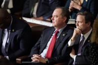 FILE - Rep. Adam Schiff, D-Calif., is seated in the House chamber on the opening day of the 118th Congress at the U.S. Capitol, Jan. 3, 2023, in Washington. Schiff, who rose to national prominence as the lead prosecutor in President Donald Trump's first impeachment trial, is entering the 2024 California U.S. Senate race. (AP Photo/Alex Brandon, File)