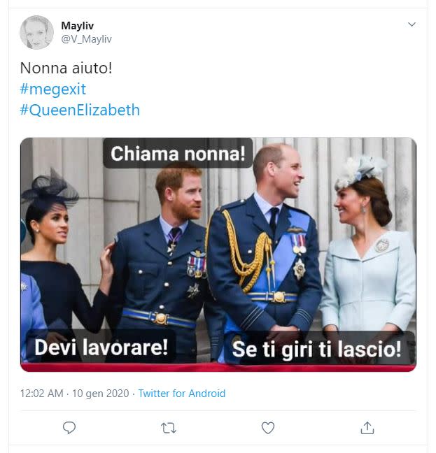 Harry e Meghan, almeno su Twitter, stanno già subendo le prime conseguenze della loro indipendenza: il duca di Sussex si è trasformato in un dipendente di McDonald's ed è alla ricerca di un nuovo impiego su Linkedin. Anche Greta cinguetta la sua e Maria De Filippi potrebbe far riappacificare l'intera famiglia reale a "C'è Posta per te". Il tutto mentre la giovane coppia inglese pensa di cambiare destinazione: non più il Canada, ma l'Italia sperando nel redditto di cittadinanza.