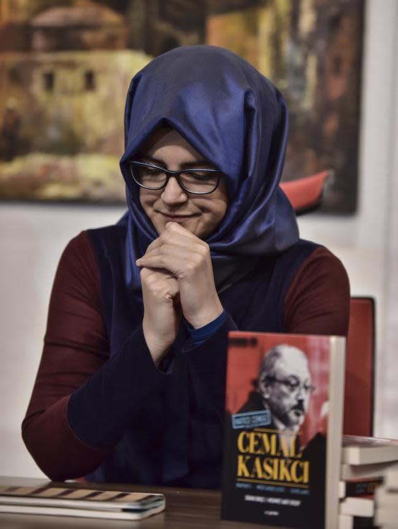 Hatice Cengiz in Istanbul on Friday introduced a new book about her late fiancee Jamal Khashoggi (AP)