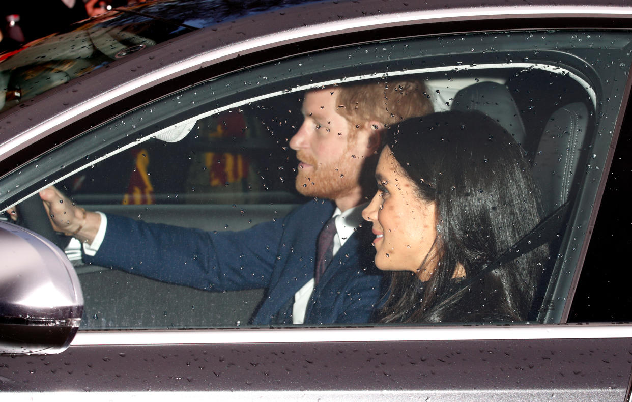 LONDON, UNITED KINGDOM - DECEMBER 19: (EMBARGOED FOR PUBLICATION IN UK NEWSPAPERS UNTIL 24 HOURS AFTER CREATE DATE AND TIME) Prince Harry, Duke of Sussex and Meghan, Duchess of Sussex attend a Christmas lunch for members of the Royal Family hosted by Queen Elizabeth II at Buckingham Palace on December 19, 2018 in London, England. (Photo by Max Mumby/Indigo/Getty Images)