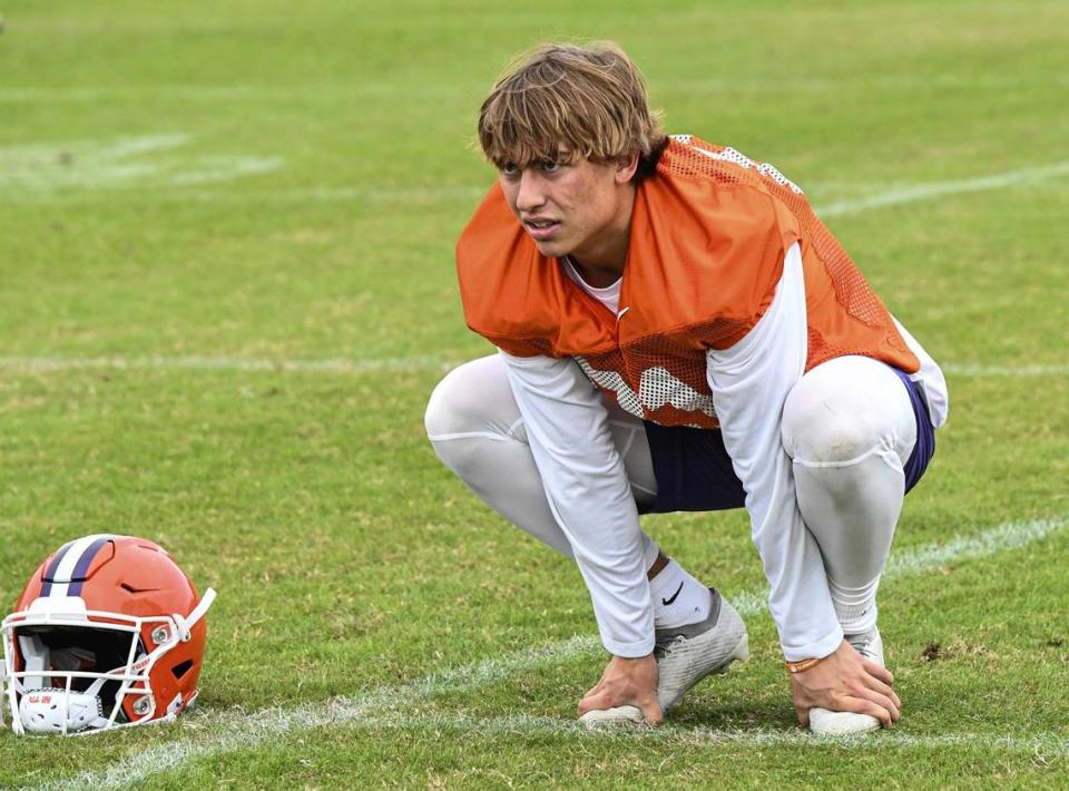 Clemson kicker Nolan Hauser (81), an early enrollee, stretches during Clemson football team practice before the TaxSlayer Gator Bowl at Fernandina Beach High School in Jacksonville, Florida, Wednesday, December 27, 2023.