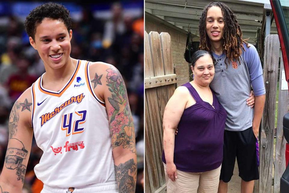 <p>Adam Pantozzi/NBAE via Getty, Brittney Griner/Facebook</p> Brittney Griner #42 of the Phoenix Mercury smiles during the game against the Los Angeles Sparks on May 19, 2023 at Crypto.Com Arena in Los Angeles, California; Brittney Griner with mom Sandra.