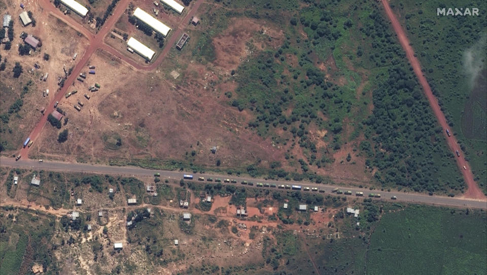 This satellite image provided by Maxar Technologies claims to show vehicles lined up in the town of Sheraro, in the Tigray region of northern Ethiopia Monday, Sept. 26, 2022. New satellite imagery shows military mobilization in Sheraro, which a humanitarian worker this month described to the AP as being targeted by deadly shelling that caused tens of thousands of people to flee. (Maxar Technologies via AP)