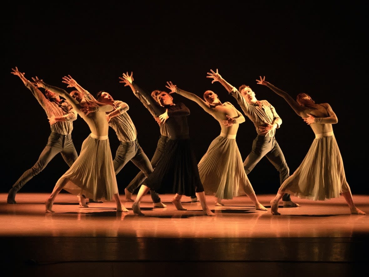 Dancers are pictured performing taqəš, which is inspired by the Coast Salish story, Raven Returns the Water, written by novelist Anne Cameron, and choreographed by Ballet Kelowna's new artist-in-residence, Cameron Fraser-Monroe. (Seger Nelson - image credit)