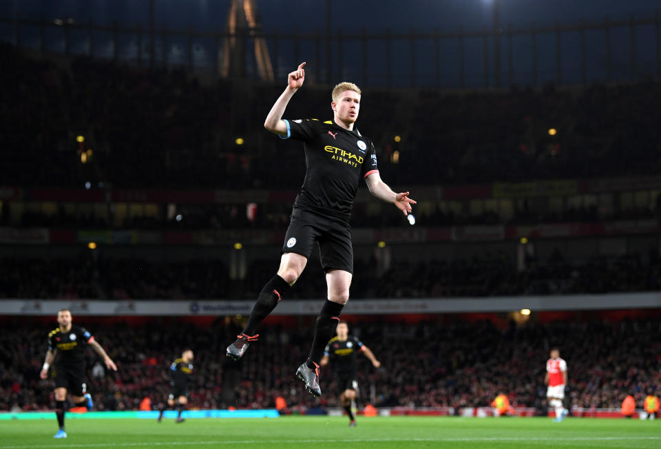 Kevin De Bruyne of Manchester City celebrates after scoring his team's first goal. (Credit: Getty Images)