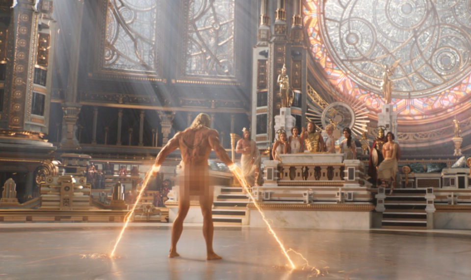 Chris Hemsworth is shown naked from behind with his derriere pixilated out in the Thor 4 trailer