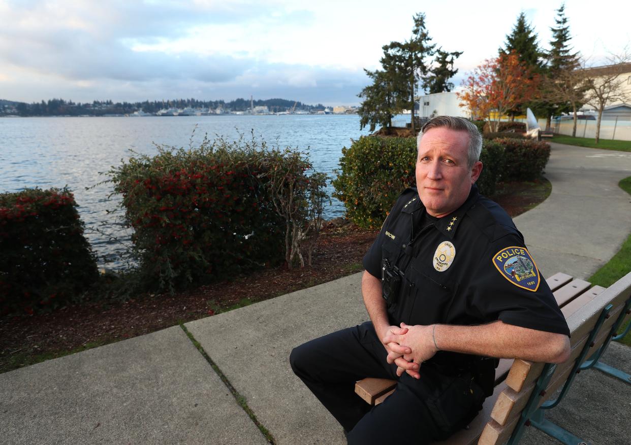 Port Orchard Police Chief Matt Brown overlooking the Sinclair Inlet of the Puget Sound in the picturesque area of Washington. A drug ring linked to the CJNG cartel operated a meth conversion lab in the small town. Nov. 13, 2023