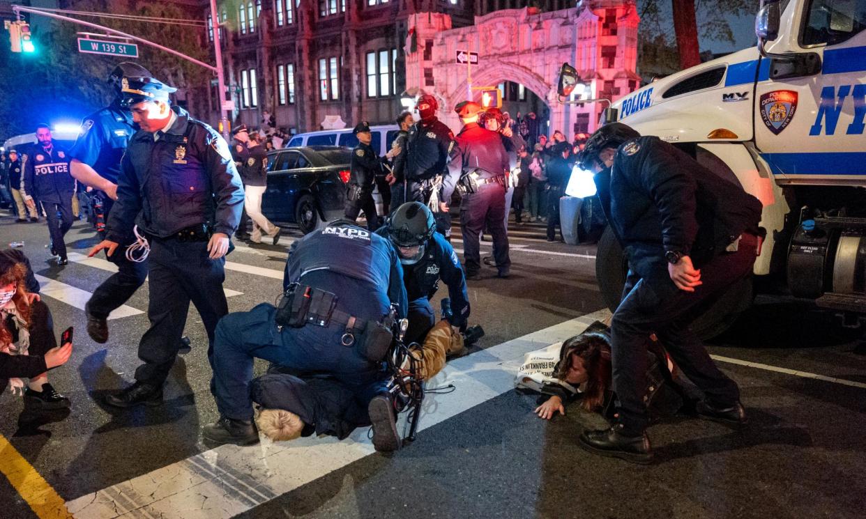 <span>Arrests have been made at the City College of New York, where there was a pro-Palestine protest sit-in, after protesters were removed from Columbia University.</span><span>Photograph: Spencer Platt/Getty Images</span>