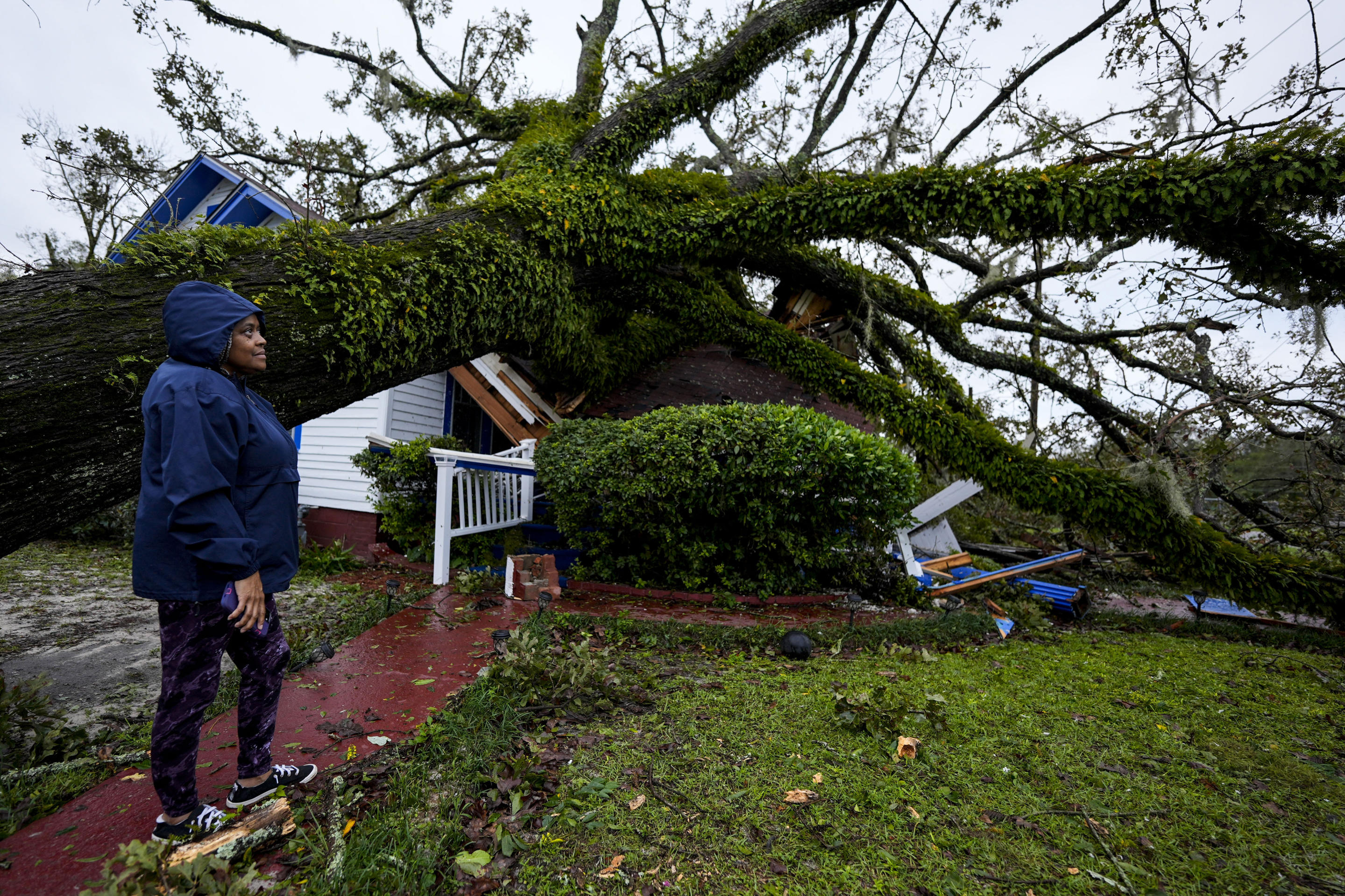 Ronda Bell watches as an oak tree landed on her 100-year-old home as Hurricane Helene passed through Valdosta, Georgia.