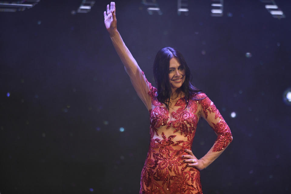 Contestant Alejandra Rodriguez, 60, competes in the Argentina Miss Universe pageant in Buenos Aires, Argentina, Saturday, May 25, 2024. (AP Photo/Gustavo Garello)