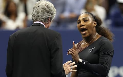 NEW YORK, NY - SEPTEMBER 08: Serena Williams of the United States argues with referee Brian Earley during her Women's Singles finals match against Naomi Osaka of Japan on Day Thirteen of the 2018 US Open at the USTA Billie Jean King National Tennis Center on September 8, 2018 in the Flushing neighborhood of the Queens borough of New York City - Credit: Getty Images 