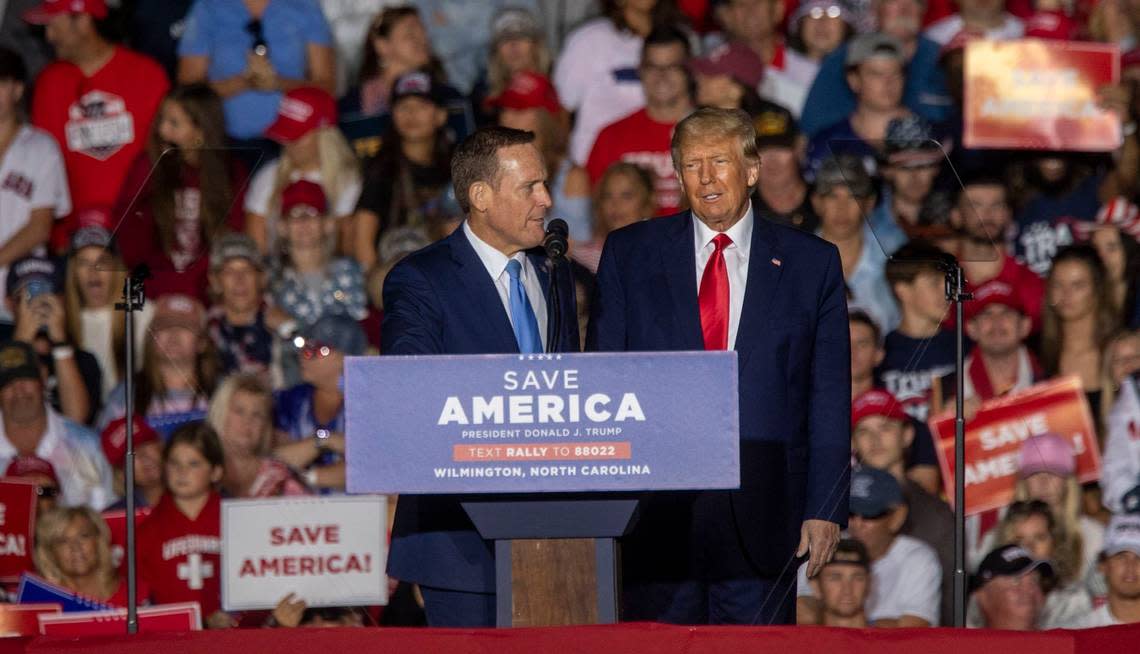 Former president Donald Trump endorses District 13 U.S. Rep. and U.S. Senate candidate Ted Budd during a rally at Wilmington International Airport Friday, Sept. 23, 2023.