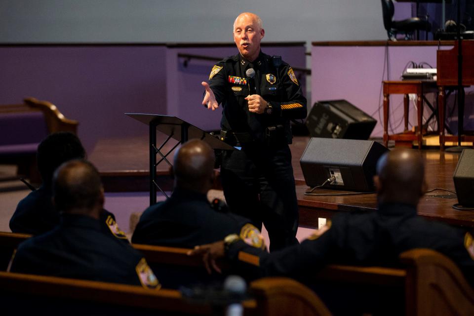 Memphis Police Department Assistant Chief Don Crowe introduces other MPD officers in attendance during a town hall on public safety hosted by State Senator Raumesh Akbari at Riverside Missionary Baptist Church in Memphis, Tenn., on Tuesday, August 1, 2023.