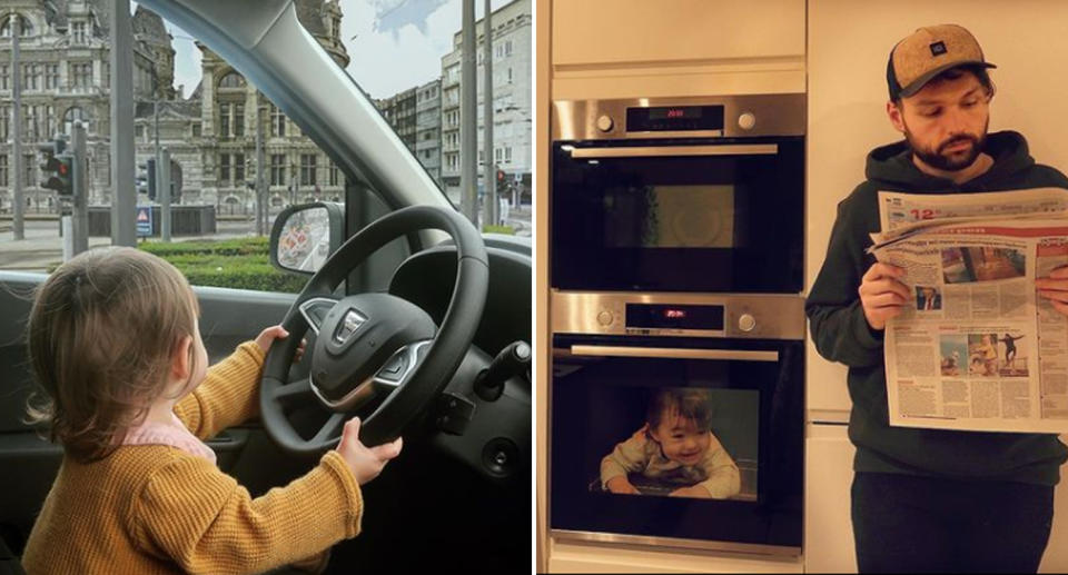 Images from Instagram account 'onadventurewithdad' showing Alix driving and also baking in the oven