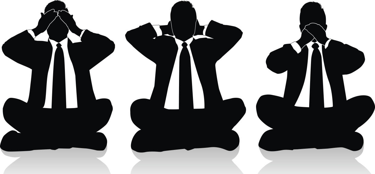 Businessmen imitating the three wise monkeys: see no evil, hear no evil, speak no evil. Files included – jpg, ai (version 8 and CS3), svg, and eps (version 8)