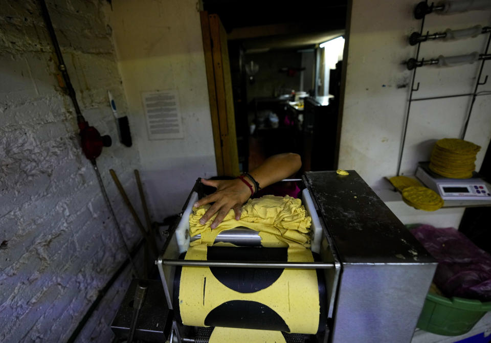An employee makes organic native corn tortillas at a "tortilleria" in the Condesa neighborhood of Mexico City, Wednesday, May 24, 2023. Some Mexican farmers are finding a niche but increasing market among consumers seeking organic produce from small-scale growers and chefs worldwide. (AP Photo/Fernando Llano)