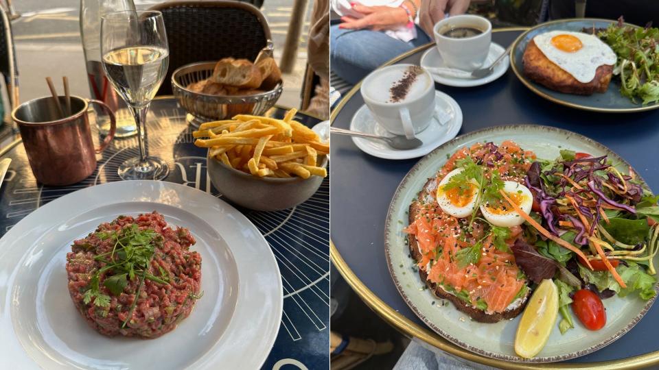 Beef tartar, avocado toast with salmon