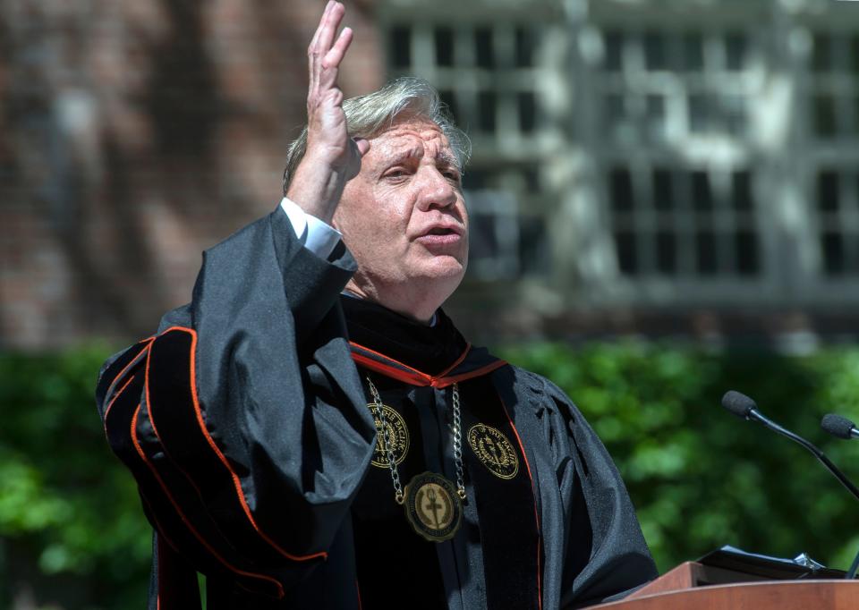 University of the Pacific President Christopher Callahan speaks at the 2022 commencement ceremonies.