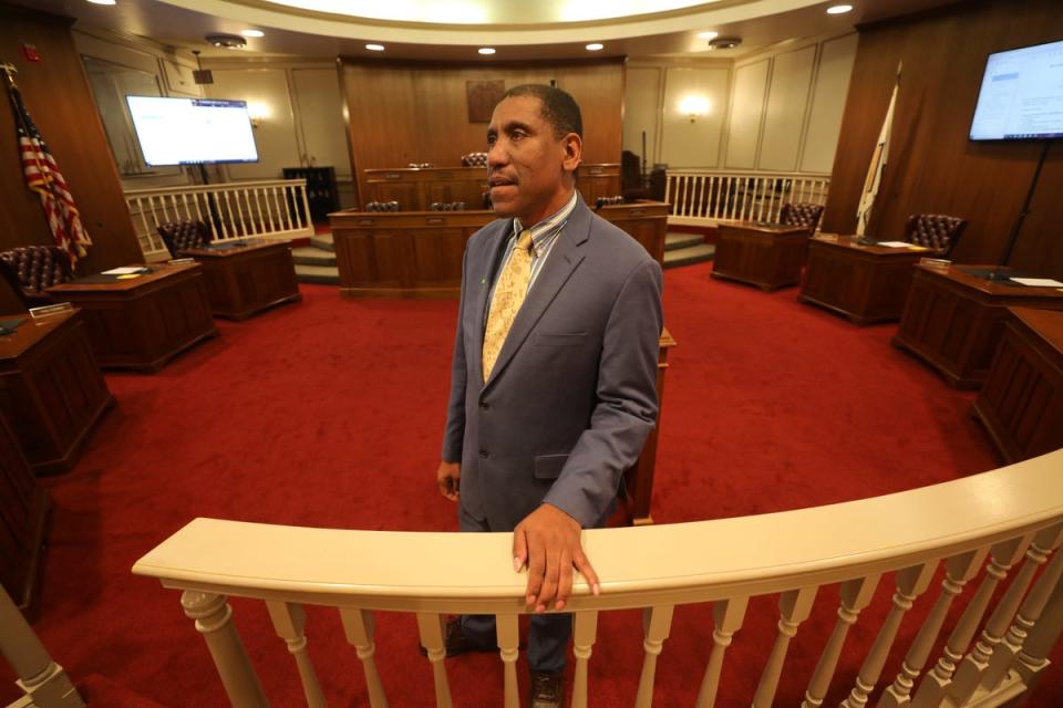 David Anderson is a Republican and member of the Dover, Delaware city council. Here he is talking in the council room at the Dover Municipal building.