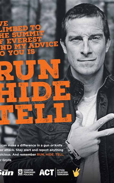 Bear Grylls appears in the video telling children to Run, Hide and Tell if they are caught up in a terror attack