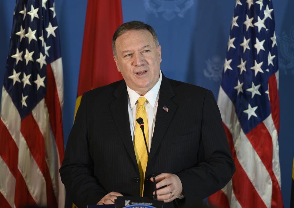 US Secretary of State Mike Pompeo speaks at a business leaders reception at the Museu de Moeda in Luanda, Angola, Monday Feb. 17, 2020. Pompeo started his tour of Africa in Senegal, the first U.S. Cabinet official to visit in more than 18 months. He left Senegal Sunday to arrive in Angola and will then travel on to Ethiopia as the Trump administration tries to counter the growing interest of China, Russia and other global powers in Africa and its booming young population of more than 1.2 billion. (Andrew Caballero-Reynolds/Pool via AP)