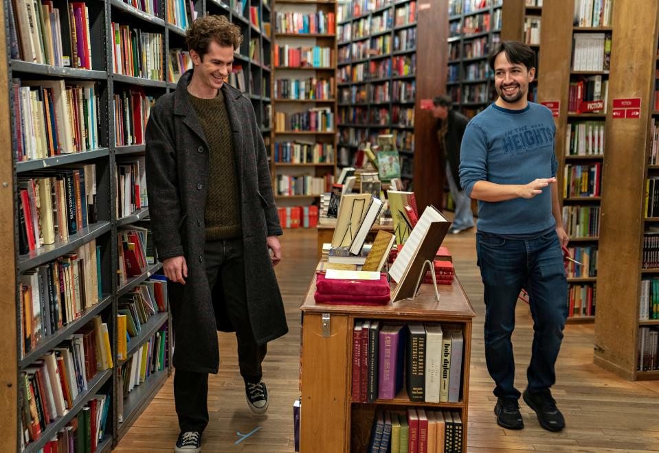 Andrew Garfield, left, and director Lin-Manuel Miranda on the set of “tick, tick… BOOM!”