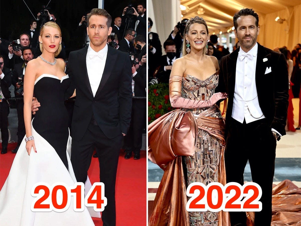 A side-by-side of Blake Lively and Ryan Reynolds in 2014 and 2022.