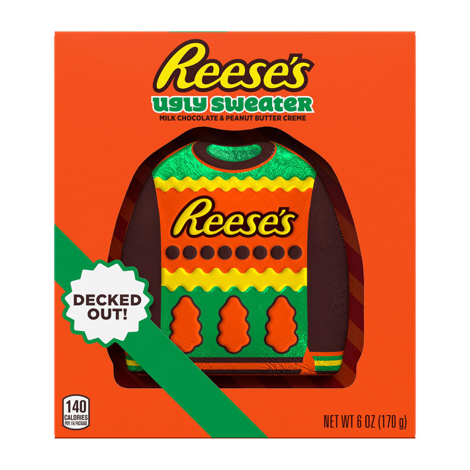 <p>The goofy holiday attire just got a lot tastier. In this treat, milk chocolate and peanut butter creme are dressed up with an <a href="https://www.hersheyland.com/products/reeses-milk-chocolate-peanut-butter-creme-ugly-sweater-6-oz-box.html" rel="nofollow noopener" target="_blank" data-ylk="slk:ugly sweater foil;elm:context_link;itc:0;sec:content-canvas" class="link ">ugly sweater foil</a>.</p>