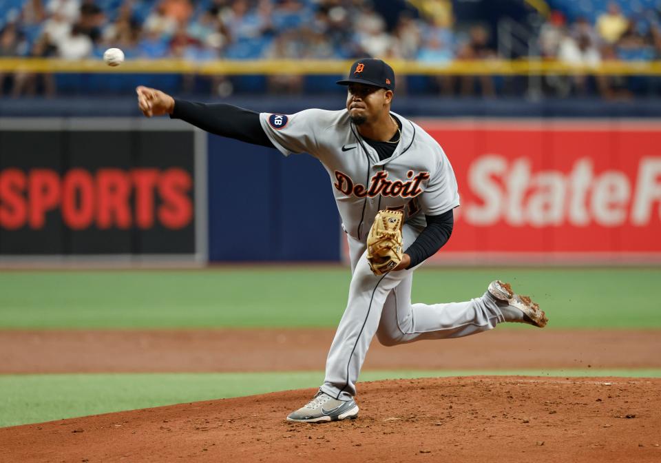 Tigers reliever Rony Garcia throws a pitch during the first inning May 18, 2022 against the Tampa Bay Rays at Tropicana Field.