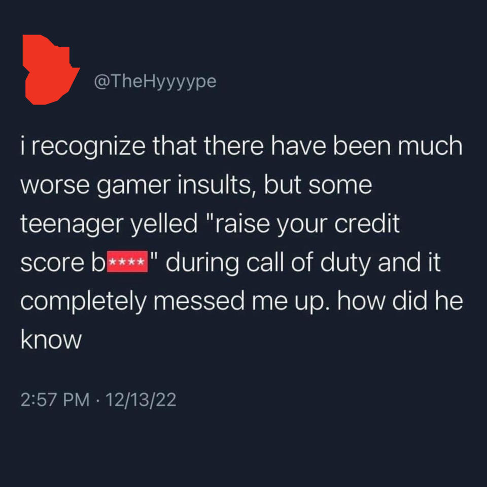 person says that while gaming someone insulted them by saying they need to raise their credit score