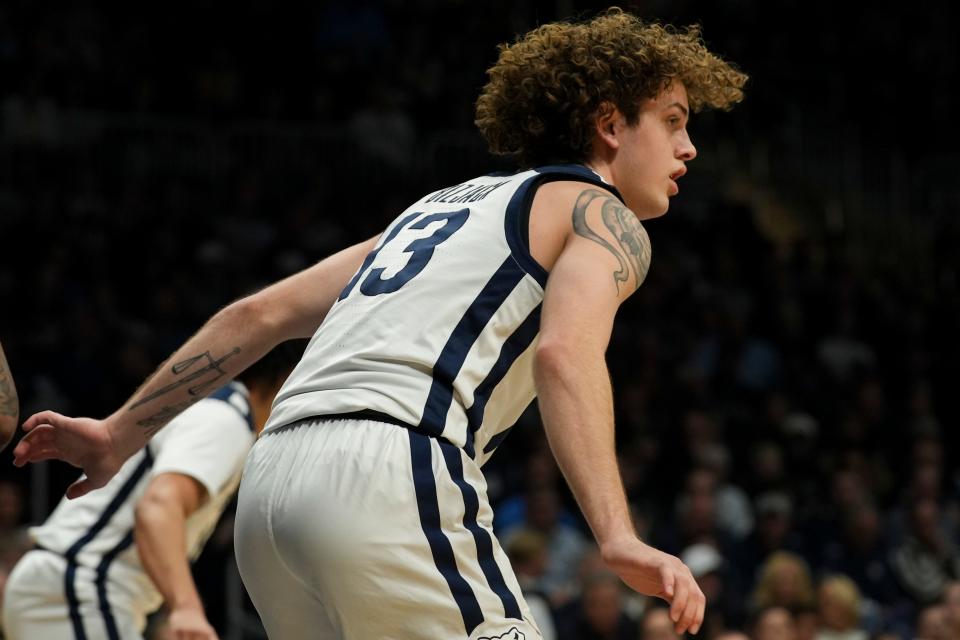 Butler Bulldogs guard Finley Bizjack (13) plays defense against the Marquette Golden Eagles on Tuesday, Feb. 13, 2024, during the game at Hinkle Fieldhouse in Indianapolis. The Marquette Golden Eagles defeated the Butler Bulldogs 78-72.