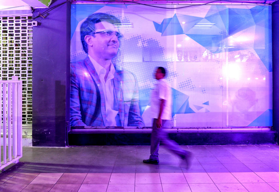 EDEN GARDEN, KOLKATA, WEST BENGAL, INDIA - 2019/11/21: A Large cutout of Sourav Ganguly, President of Board of Control for Cricket in India (BCCI) decorated with Pink Lights at the entrance to the Stadium. Kolkata is celebrating the glory of organising the 1st Pink Ball Test Cricket Match in India and within Asia between India and Bangladesh from 22 -26 November, 2019 at Eden Garden Stadium. (Photo by Avishek Das/SOPA Images/LightRocket via Getty Images)